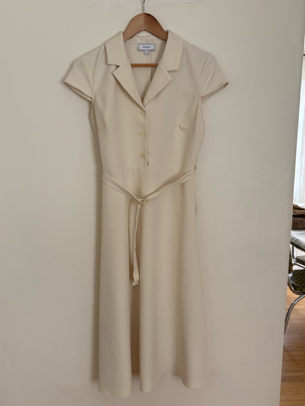 RIHOAS Cream Short-Sleeve Midi Shirt Dress with Tie Waist
